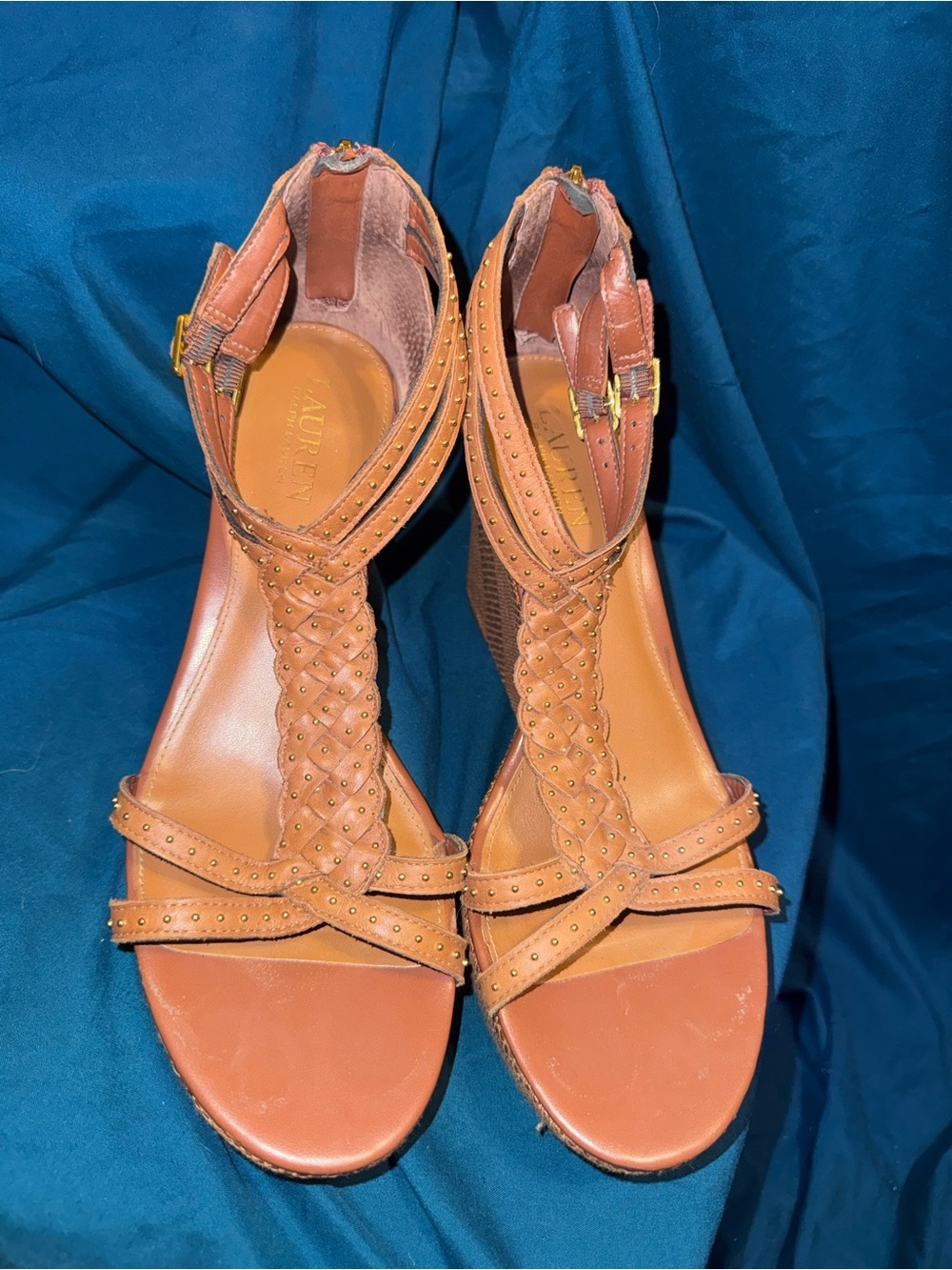 Lauren Ralph Lauren Brown Braided Studded Ankle-Strap Sandals
